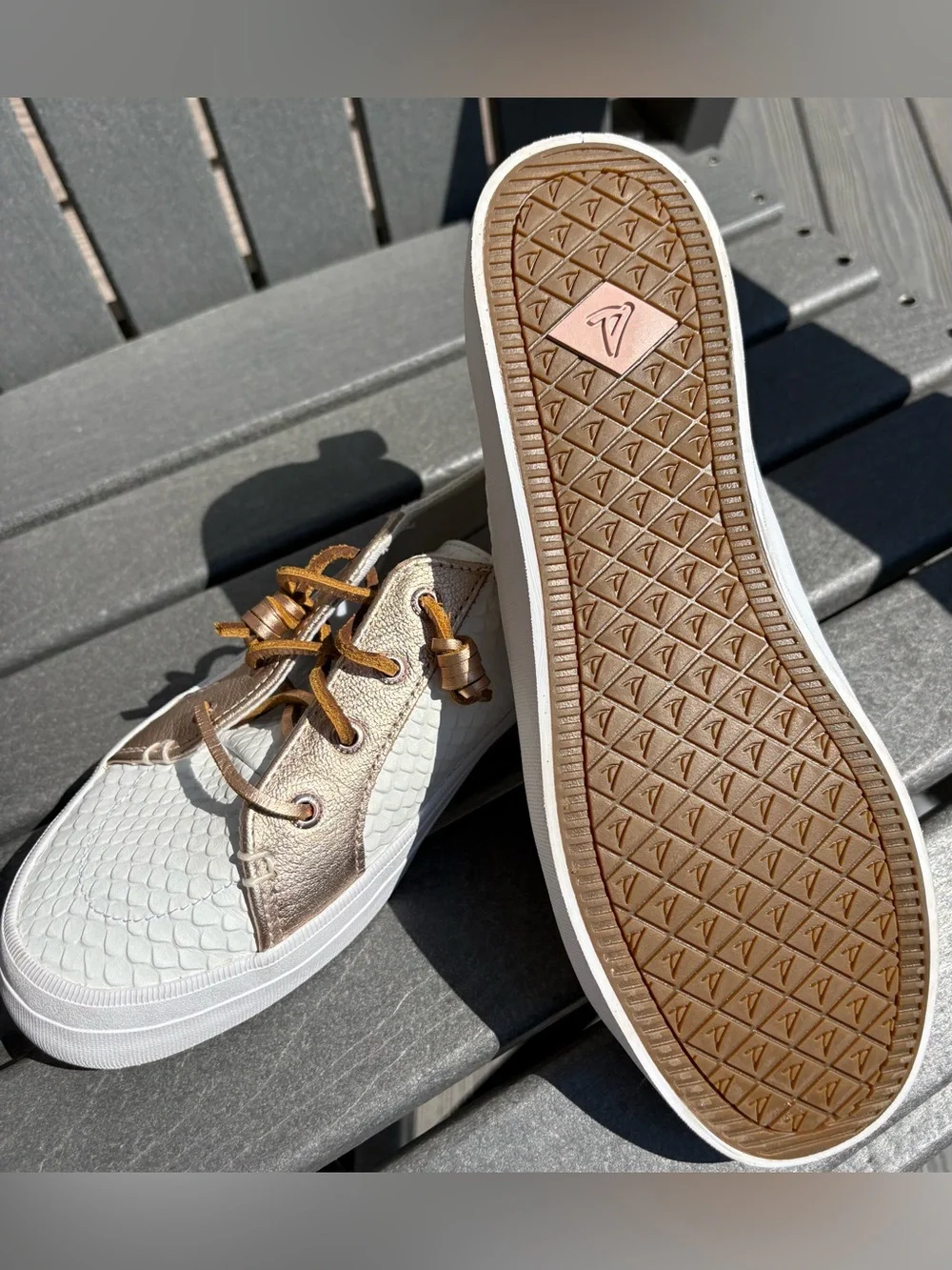 Sperry White Woven Low-Top Sneaker with Metallic Rose Accents